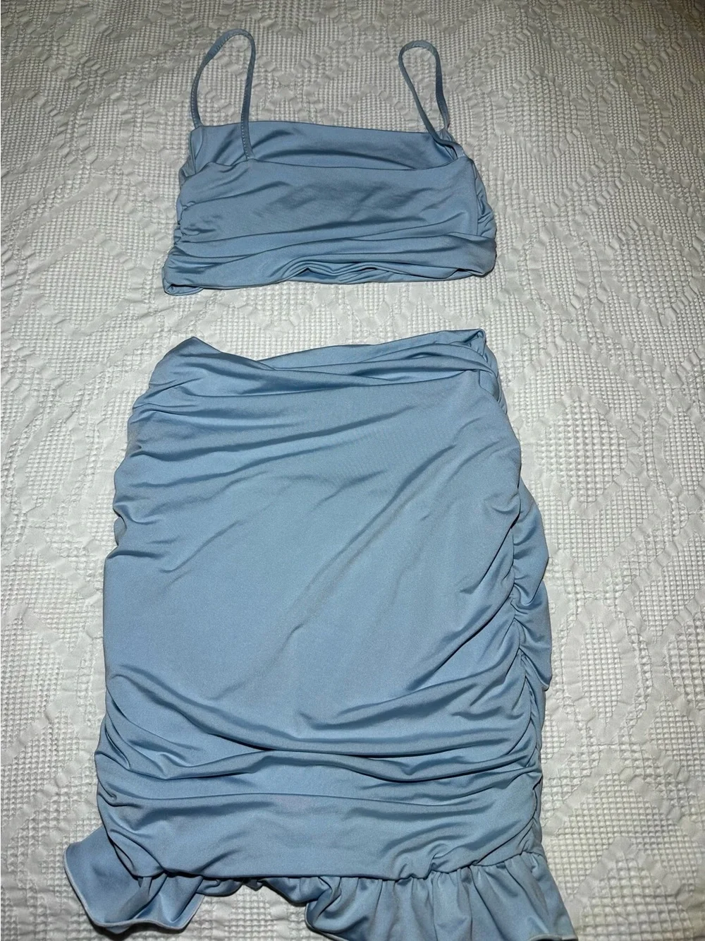 Amazon Light Blue Ruched Midi Skirt & Crop Top Set